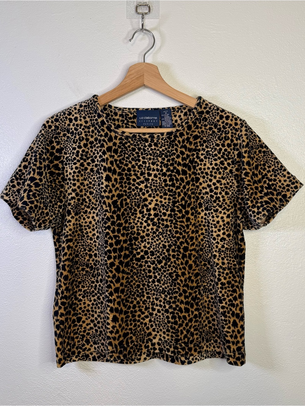 Vintage 90s Velour Liz Claiborne Lizsport Leopard Print Short Slv. Top Size MP